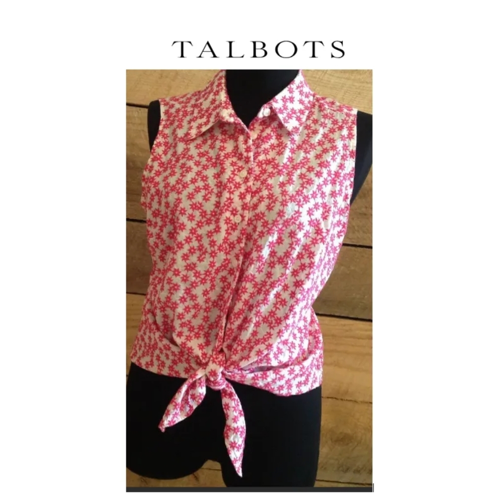Talbots Sleeveless Pink Daisy Embroidered Tie Tops